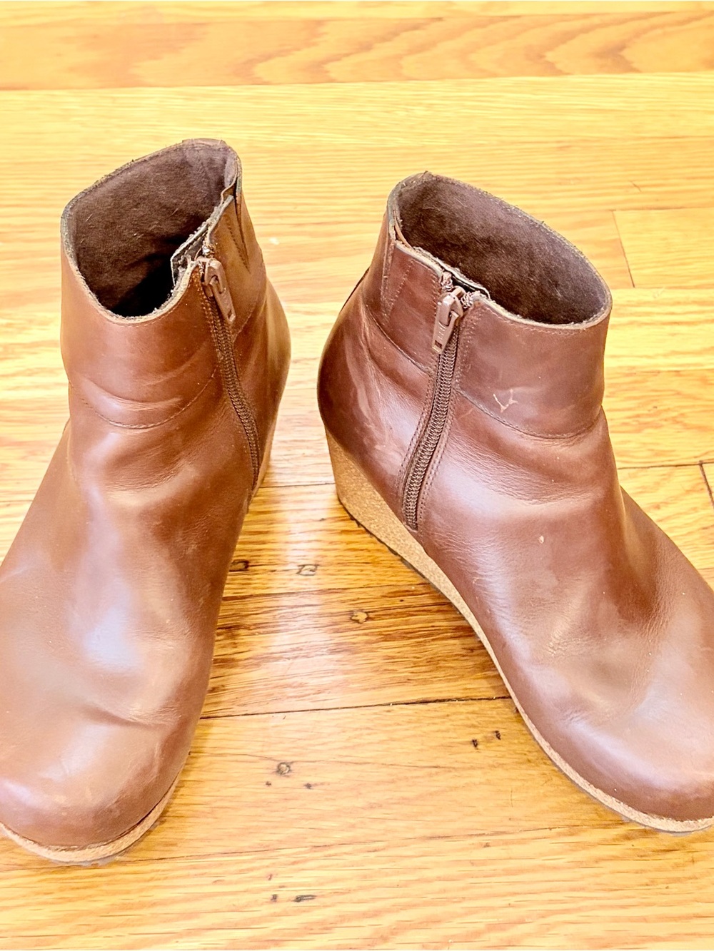 Birkenstock Papillio Ebba Cognac Leather Cork Wedge Ankle Boots Size 7 Comfort